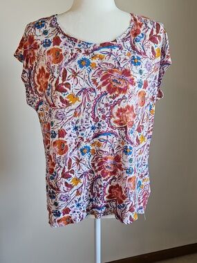 Joie XL Linen Button Back Pink Floral Cap Sleeve Top Cottage Coastal Lightweight